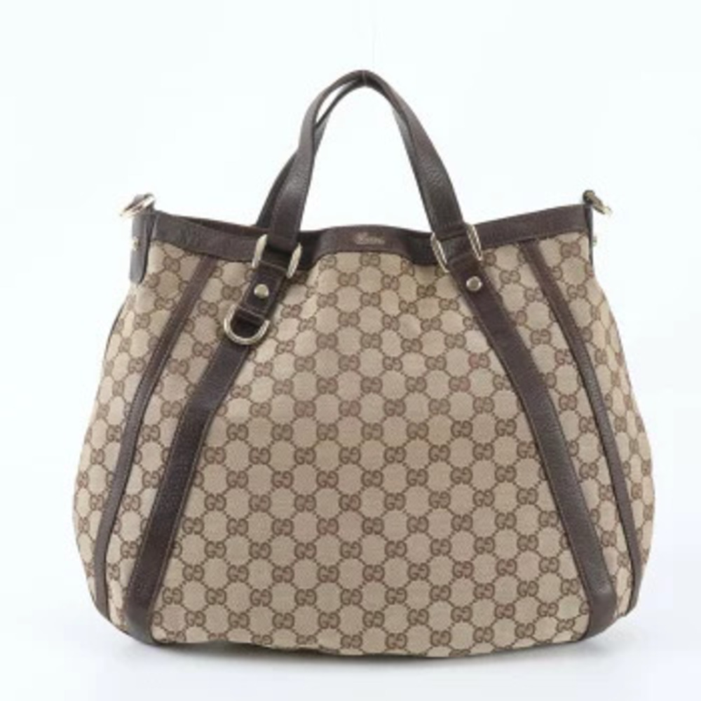 Gucci GG Canvas Abbey Leather 2Way Shoulder Tote Bag Gray Brown